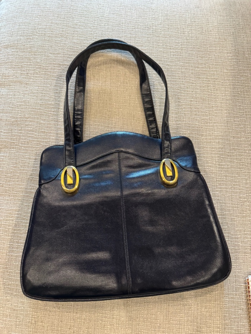 Vintage LOU TAYLOR Classic Navy Blue Leather Tote Bag with Gold Accents